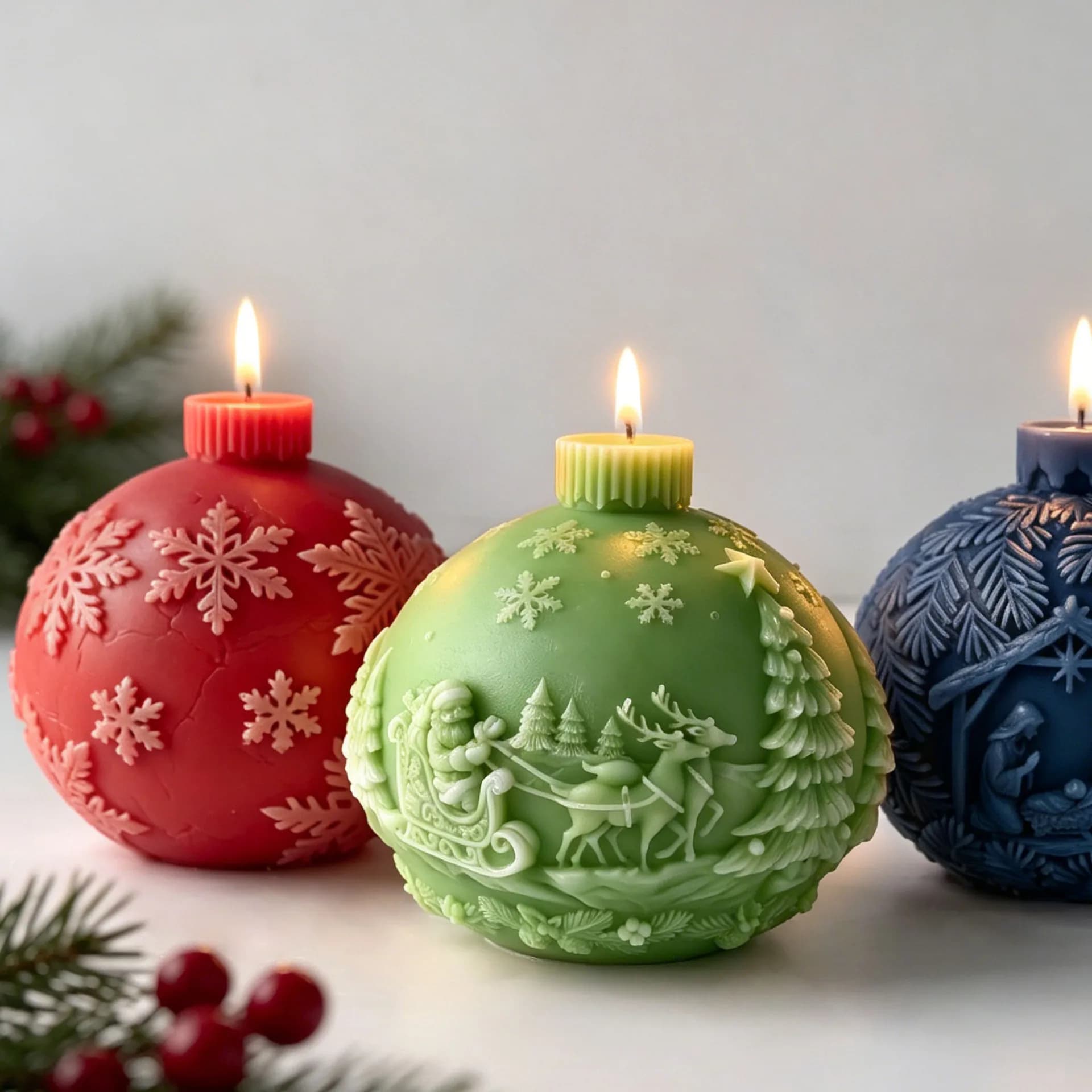 Snowflake Relief Christmas Sphere Silicone Mold DIY Aroma Candle Gypsum Casting Mould Holly Leaf Santa Claus Round Ball Molds