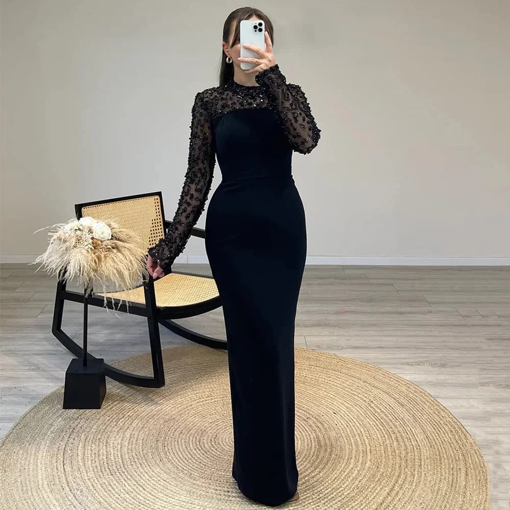 Abito da sera alla moda 2025 Manica lunga Robe De Soiree Personalizzato Collo alto Shinny Perline Paillettes Guaina Abito da ballo