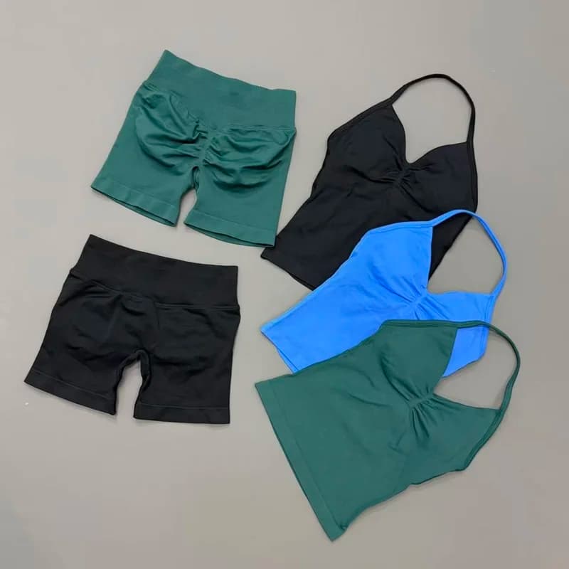Women 2 Pieces Yoga Gym Set Backless Halter Top High Waist Seamless Shorts Quick Dry Fitness Workout Sportswear Suit