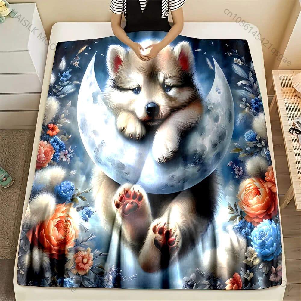 Coperta con stampa fantasy cucciolo sulla luna Materiale in flanella Morbido caldo per tutte le stagioni Picnic da campeggio all'aperto per la casa Nuovo arrivo