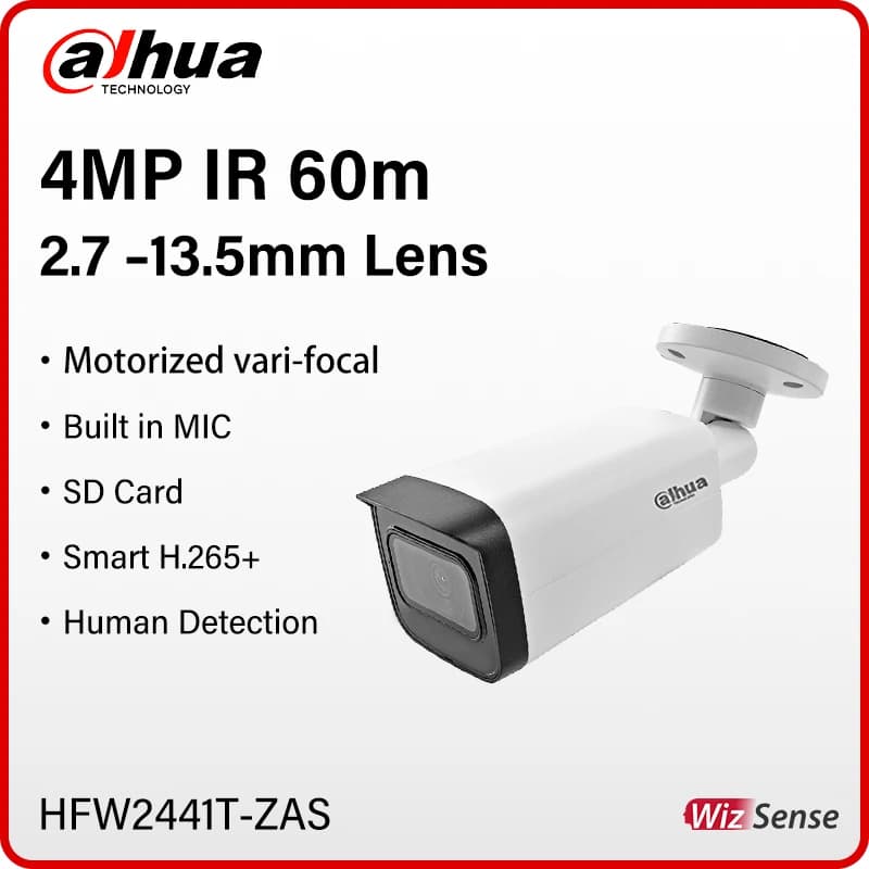 Dahua 4MP Bullet Motorized Zoom Camera Night IR 60m Human Detection Security Monitor With Alarm Audio Port IP67 HFW2441T-ZAS