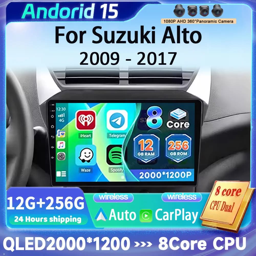 Autoradio Android 15 con Carplay per Suzuki Alto 2009-2017, Navigazione GPS, Lettore Multimediale Video, Stereo