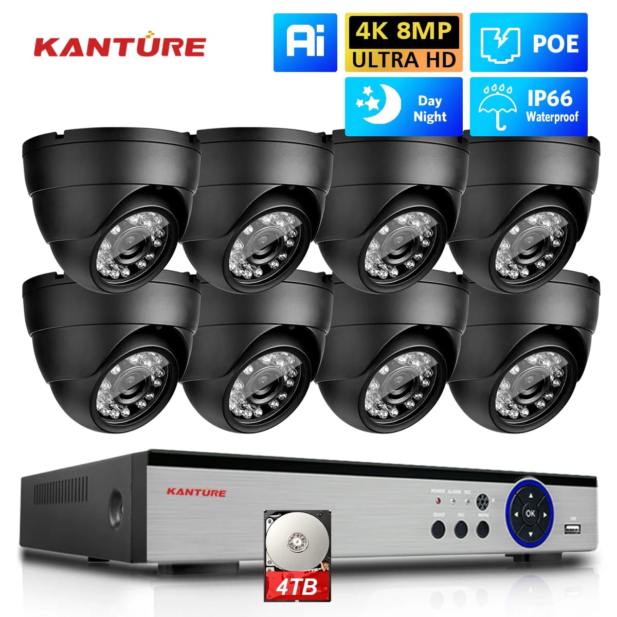 KANTURE 8CH 4K CCTV Camera System 8MP To Human Detection External Dome for Interior IP Camera POE Video Security Kit for Night Vision