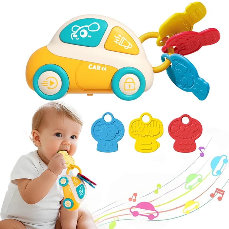 Giocattoli per la dentizione del bambino con musica e luce Montessori sensoriale chiave dell'auto massaggiagengive giocattolo da masticare in silicone per sollievo dalla dentizione per neonati