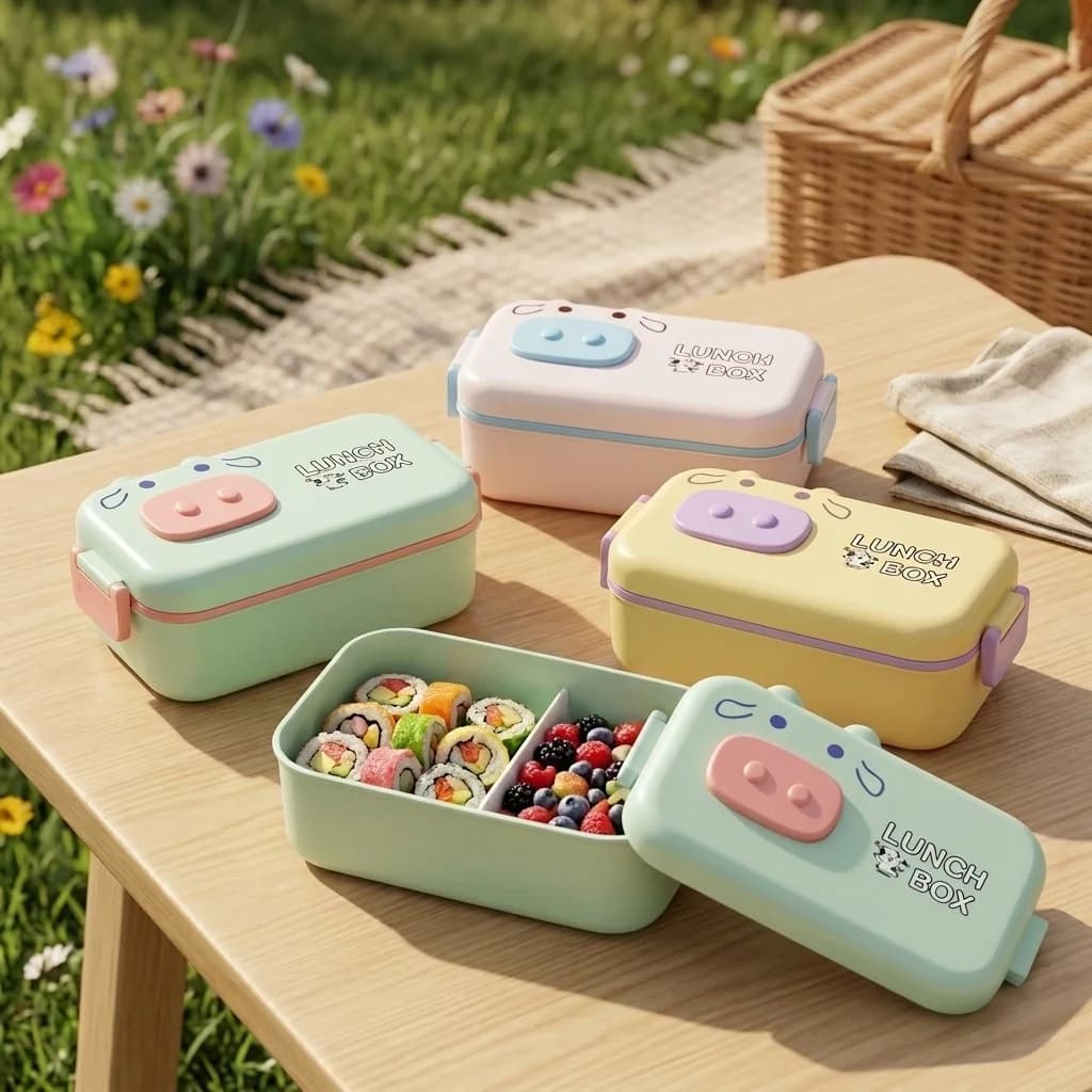 Cute Kids Bento Box Microwavable Plastic Lunch Box Leakproof Meal Prep Food Storage Containers with Cutlery Dividers for School