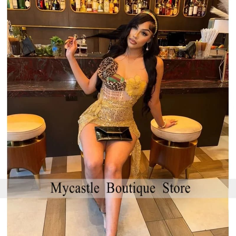 Gold Short Prom Gowns For Girls 2026 Sleeveless Shinny Sequins Beading Birthay Dresses Formal Wedding Party Dress Customized