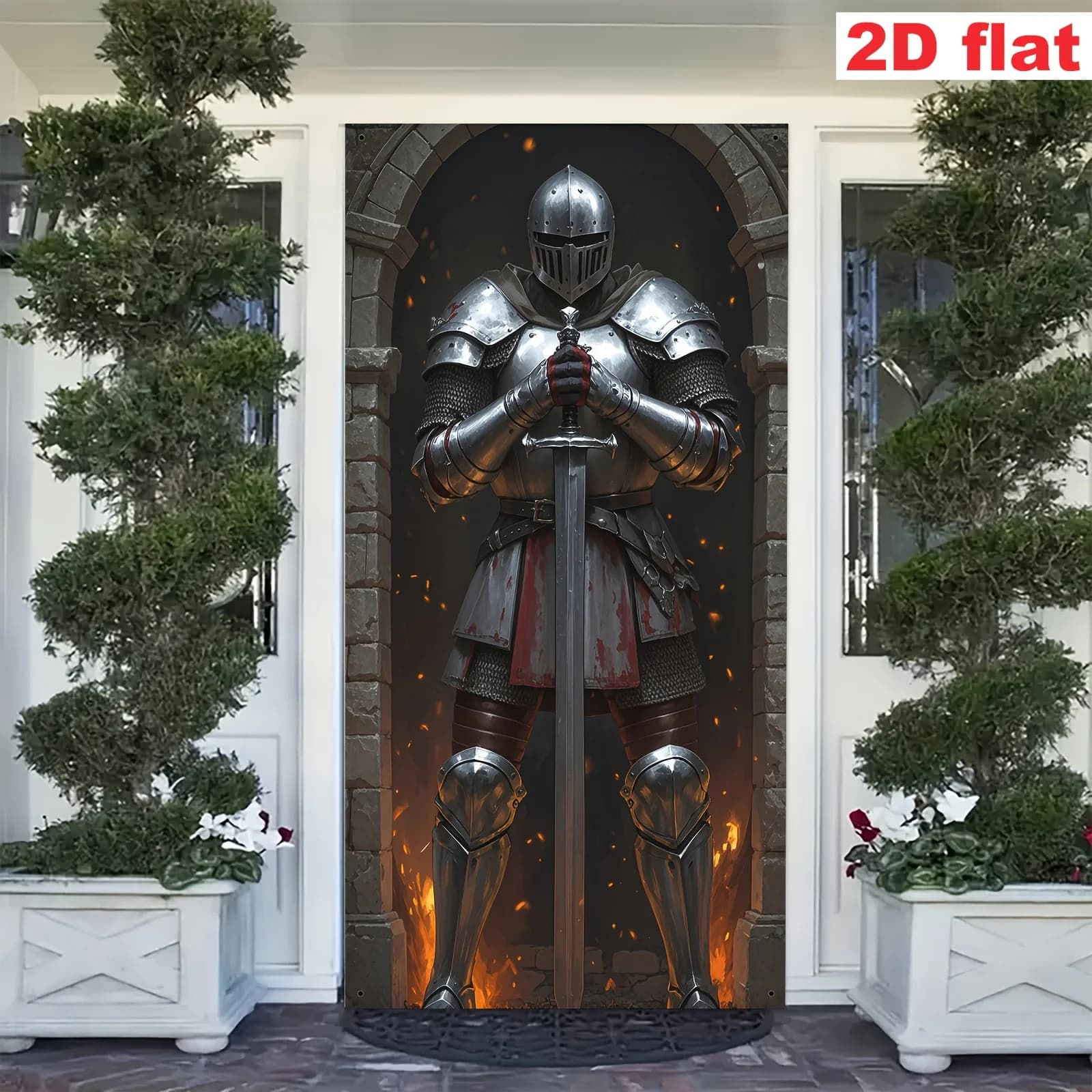 2D flat party banner, 1 party banner, bloodstained armor medieval knight curtain, polyester castle