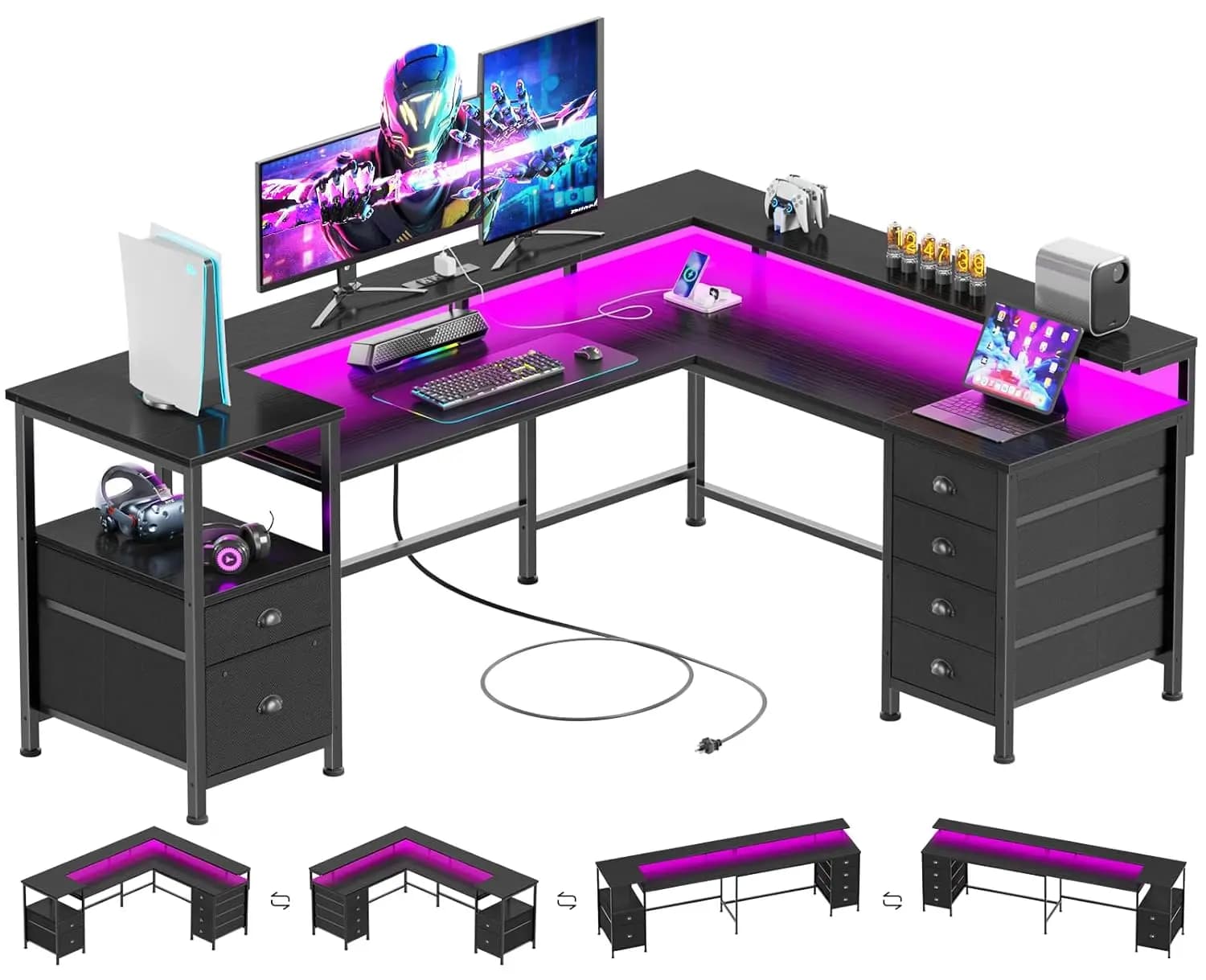 Scrivania da Gaming Reversibile 66 Pollici con 6 Cassetti, Ripiano per Stampante, Prese di Corrente, LED, Supporto Monitor per Ufficio Domestico, Nera, Personalizzabile