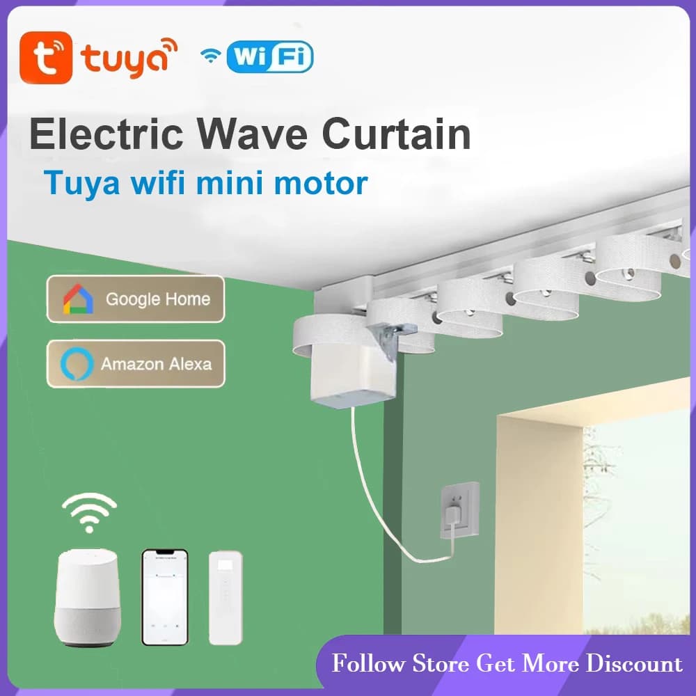 Newest Tuya Wifi Smart Mini Curtain Motor Customizable Ribbon Foot S Wave Set of Electric Tracks Frame Rail Support Alice Alexa