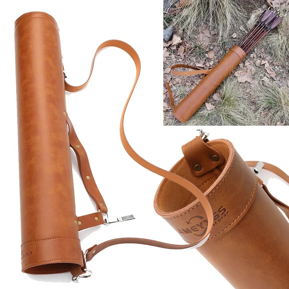 1pc Traditional PU Leather Back Arrow Quiver Adjustable Shoulder Strap Slant Back Arrow Holder Portable Storage Bag Fits Recurve Longbow Compound Bow Holds 20 to 30 Arrows for Outdoor Hunting Target Shooting Archery Accessories