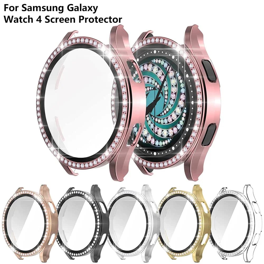 Vetro+Custodia per Samsung Galaxy Watch 4 5 Pellicola salvaschermo 44mm 40mm, Cover protettiva per paraurti in cristallo bling con pellicola per donna