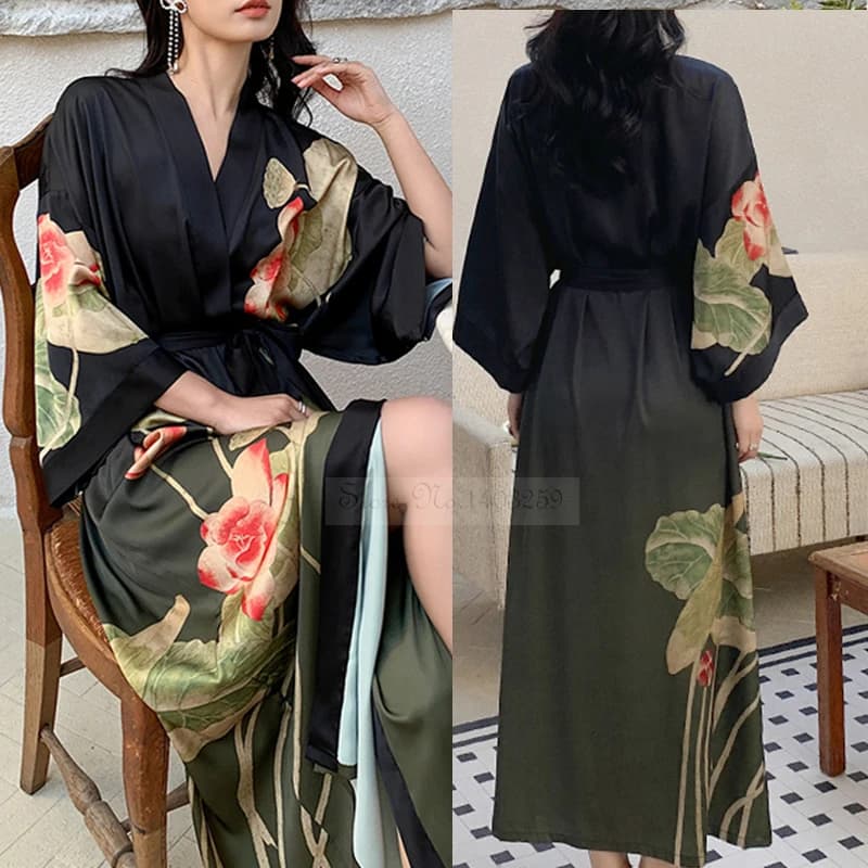New Spring Summer Women's Dress Long Night Shirt Sexy Print Flower Kimono Dress Casual Satin Satin Dress House Dress Lounge wear