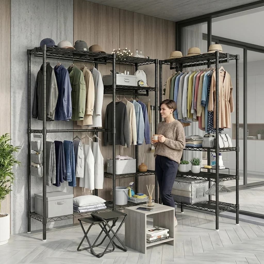 Sistema di appendiabiti con 4 barre per oltre 100 vestiti, armadio portatile resistente con 10 ripiani per scarpe e borse