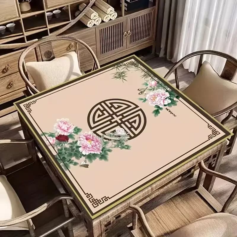 VIKAMA Traditional Chinese Peony Longevity Rubber Mahjong Pad Anti Slip Foldable Mat Poker Domino American Mahjong Table Decor