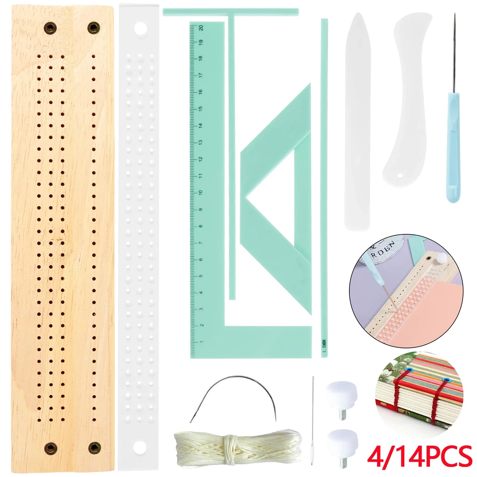 Kit per Rilegatura Libri 14/4 Pezzi, Set Completo per Scrapbooking, Righello per Rilegatura, Modelli per Quaderni e Diari Fai-da-Te