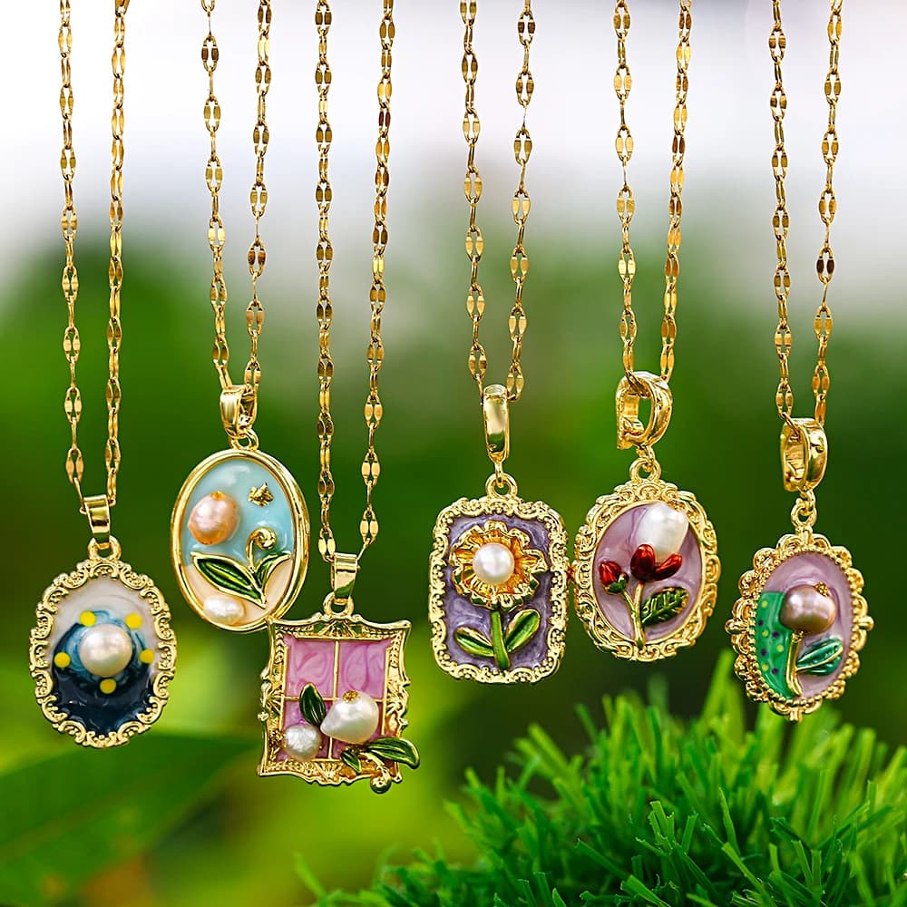 Enamel Oil Painting Pendant Flower Necklace French Wind Flowers Freshwater Pearl Necklace Vintage Abstract Art Clavicle Chain