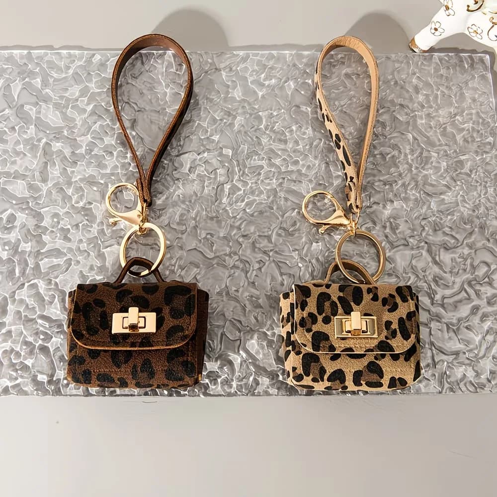 PU Leopard Print Keychain Bag Fashion Trendy Mini Wallets Women Cute Portable Key Rings Purse Stylish Animal Print Small Handbag