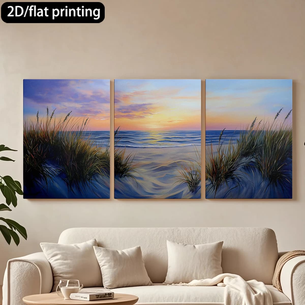 Decorative painting on canvas with wooden frame, 3 pieces. Sunset by the sea, beach herbs. Tende per camera da letto ikea.
