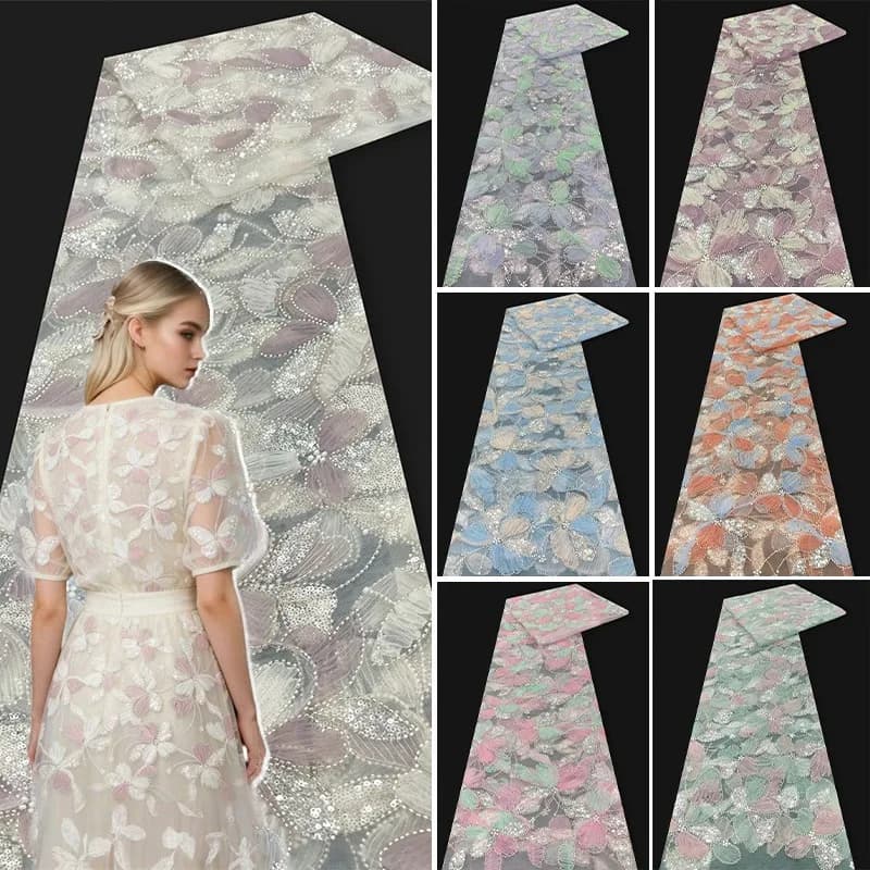 Tessuto in Pizzo Nigeriano 3D Floreale da 1 Iarda con Paillettes Africane e Perline su Rete per Abiti da Sposa e Feste, Materiali Fai-da-Te