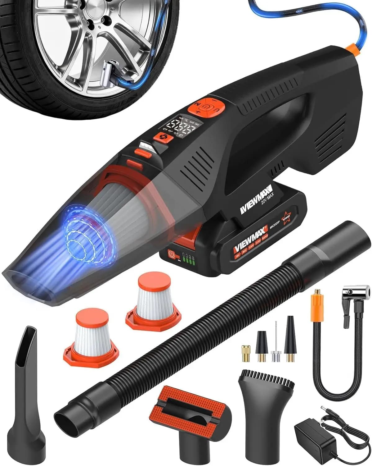 Aspirapolvere e Gonfiatore per Auto 2-in-1 Senza Fili con Potenza 20V, Aspirazione 18000Pa, Pompa d'Aria 150 PSI per Pulizia Portatile