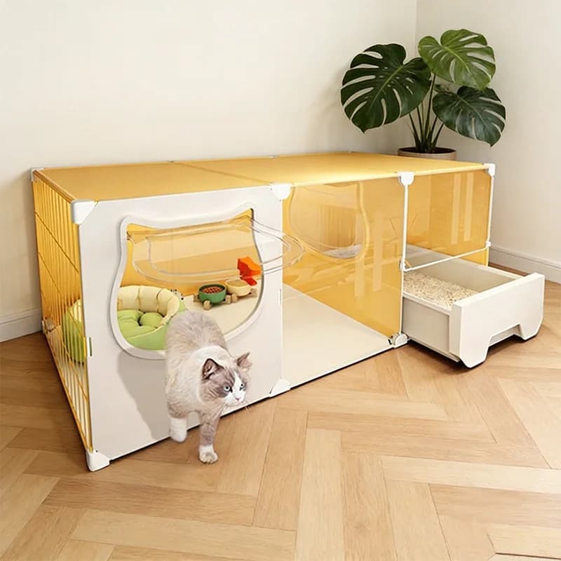 Cuccia per gatti con lettiera, include camera da letto, bagno e finestra, balcone per gatti facile da usare, gabbia per gatti in plastica spessa, casetta per gatti e T