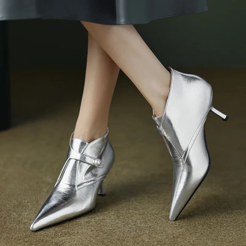Stivaletti a spillo con punta a punta argento in vera pelle fatti a mano Stivali con tacco nudo stile francese Scarpe eleganti da donna