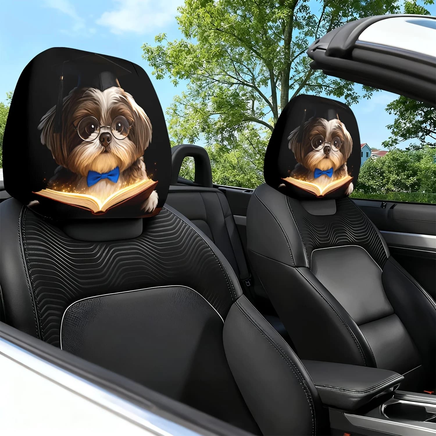 2 Pezzi Copri Poggiatesta Auto con Stampa Tema Cucciolo e Occhiali - Design Carino - Accessori Interni Auto