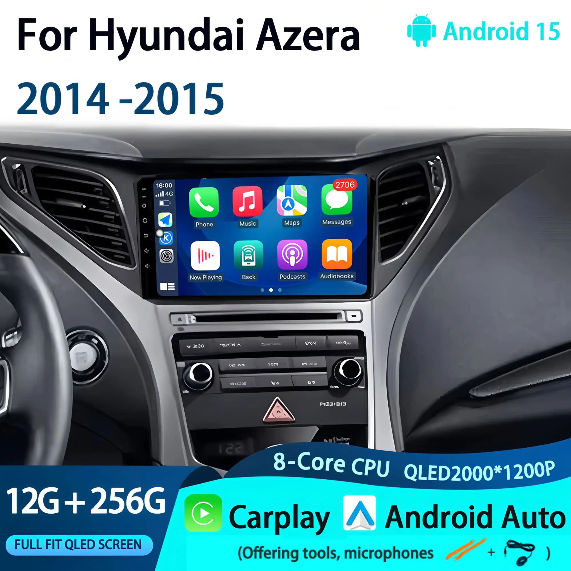 Android 15 Per Hyundai Azera 2014 -2015 Autoradio Lettore Video Multimediale Navigazione GPS Senza Fili Bluetooth CarPlay Touch Screen