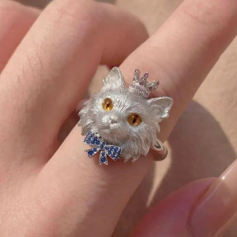 Anello a Forma di Testa di Gattino Adorabile per Donne con Pietre Scintillanti e Fiocco, Gioiello Perfetto a Tema Animale