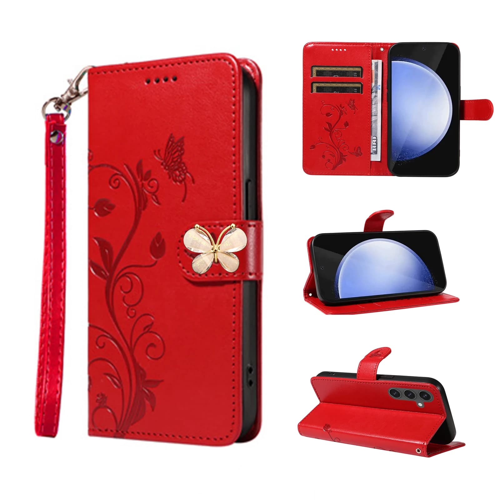 Custodia Flip per Samsung Galaxy Wide 7 6 5 A Quantum 4 Buddy 3 Jean 2 Jump 5G Farfalla Cordino in pelle 3 carte Portafoglio Cover