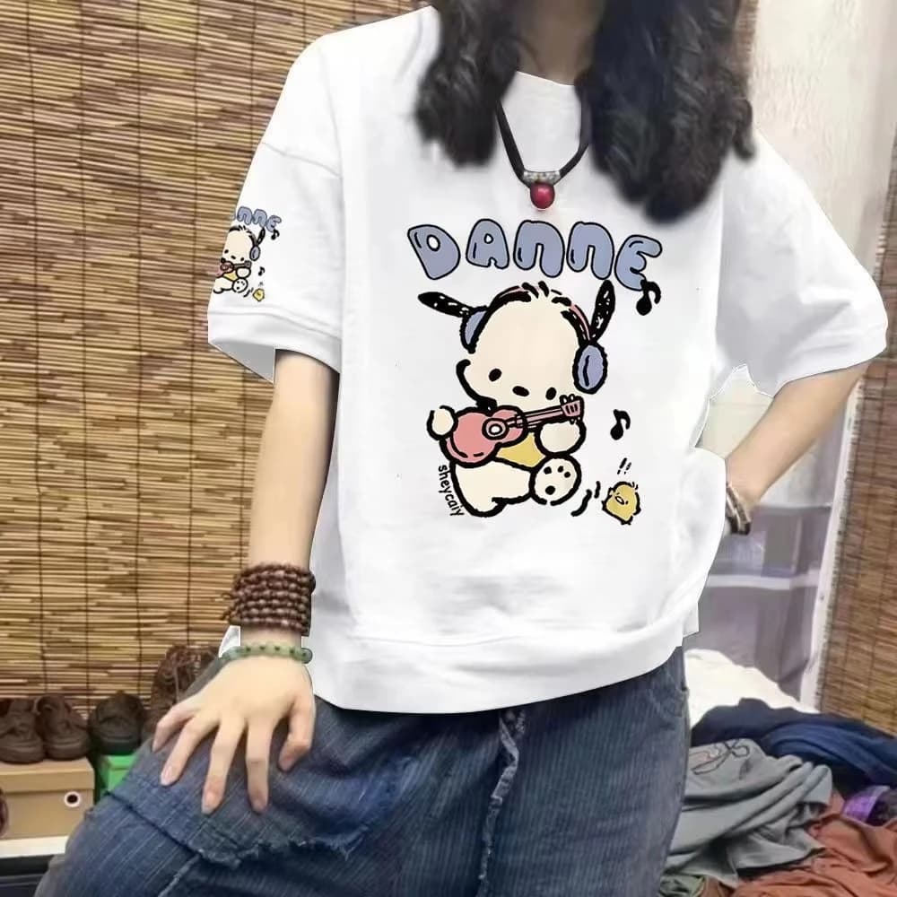 T-shirt estiva da donna 2026 Sanrio Chappa con stampa cane, morbida e carina, stile femminile, comoda e ampia