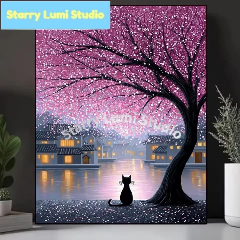 5D Diamond Painting Cherry Blossoms and Cats Landscape Picture Diamond Mosaic Cross stitch kit For Handmade Hobby