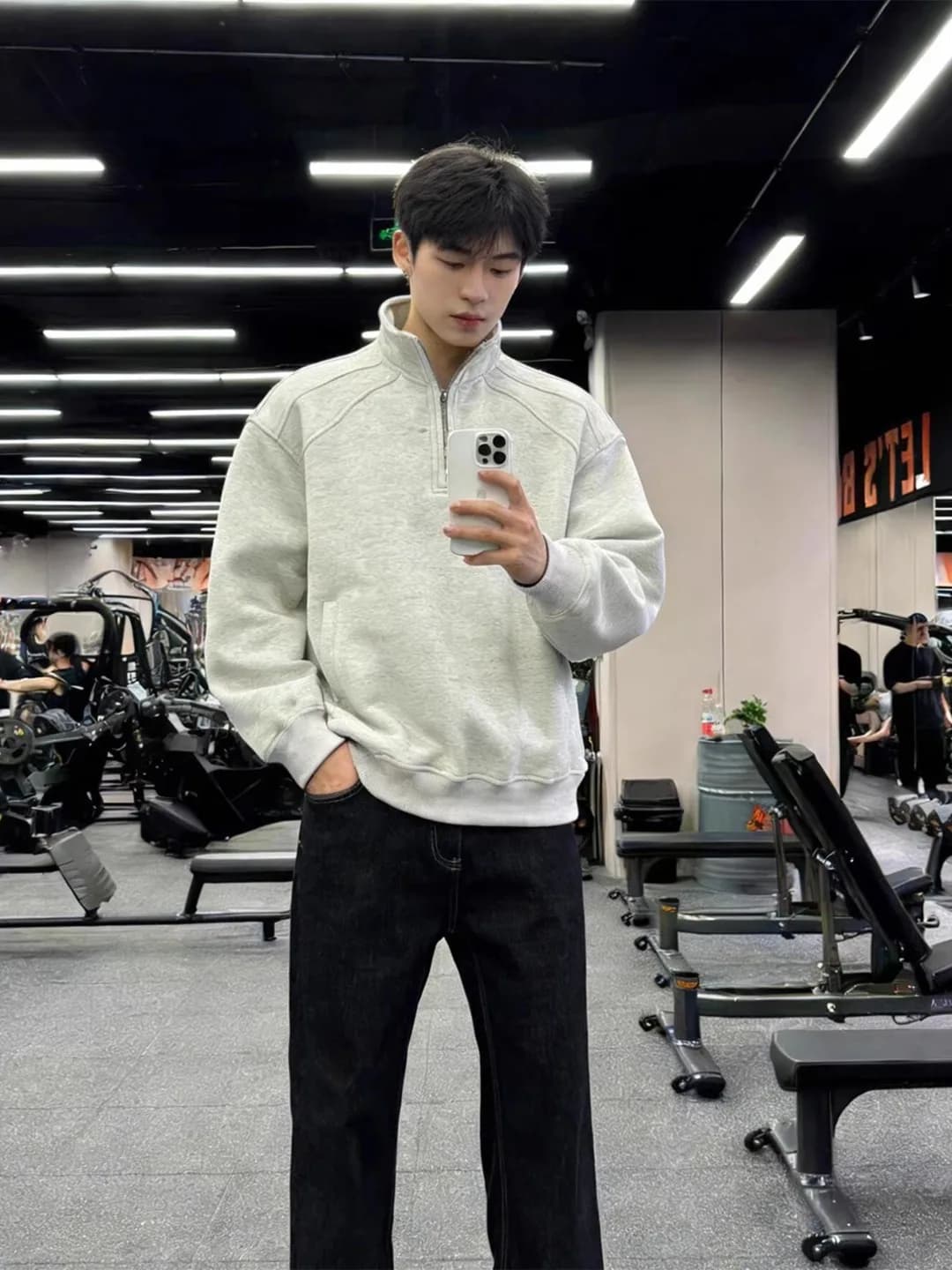 Men's White Grey American Style Hoodie Spring Heavyweight Half Zip Long Sleeve T-Shirt Rigorous Base Layer Top