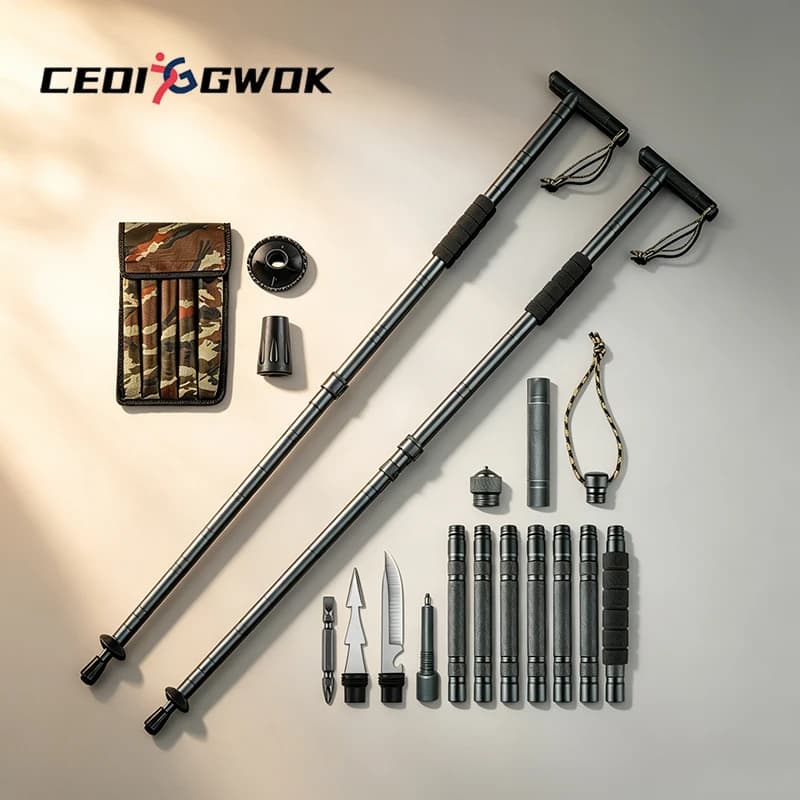 CEOI GWOK Multi Function Trekking Poles 6063 Aluminum T Handle Foldable Walking Stick Professional Hiking Climbing Gear