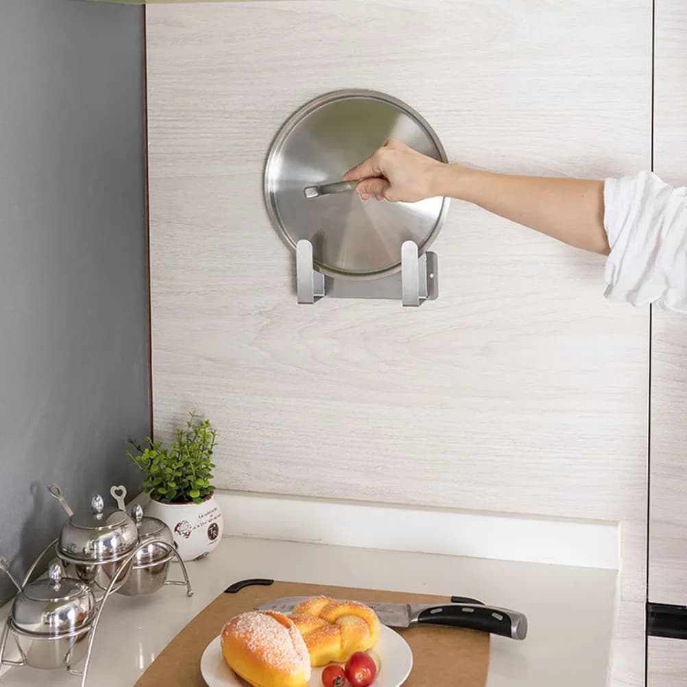 Multipurpose Stainless Steel Vacuum Suction Pot Lid Organizer Wall Mounted Pan Cover Rack for Spatula Cutting Board Towel