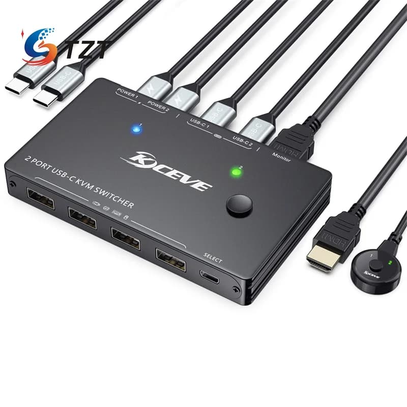TZT KVM201TCC 4K 60Hz KVM Switch 2 Port USB-C KVM Switch Supports Laptop PC Monitor Keyboard Mouse