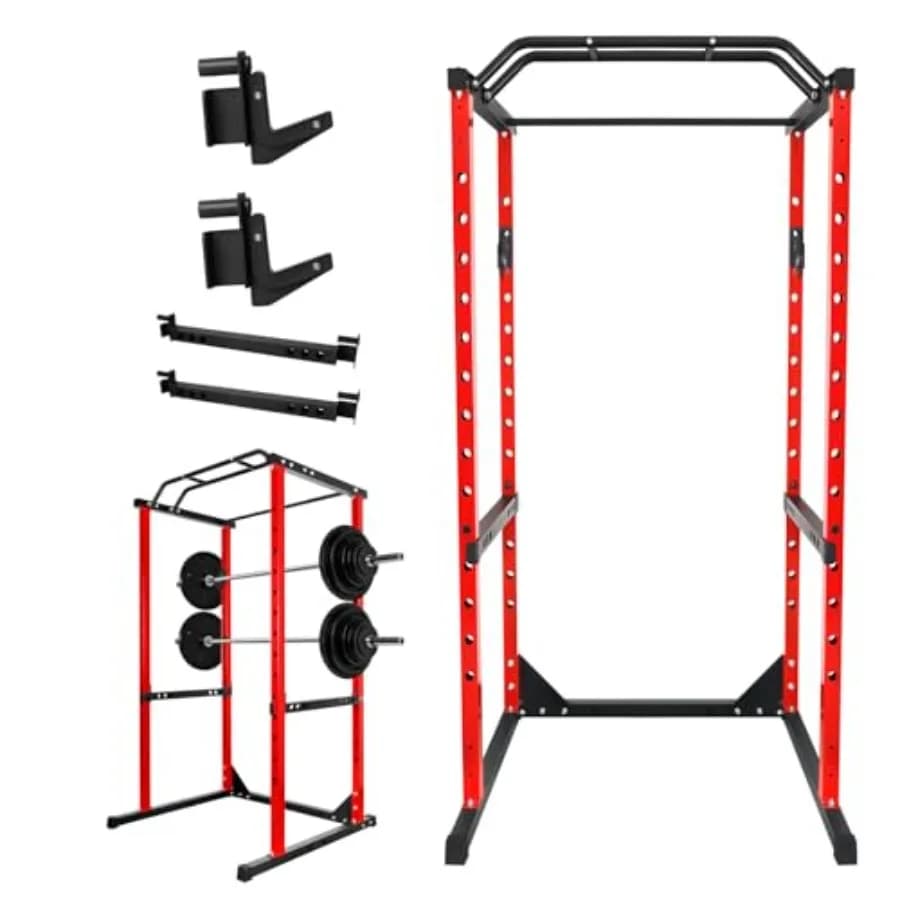 Red Smith Machine Power Cage 1200 lbs Squat Rack Home Gym con Barra per Bilanciere, Bracci di Sicurezza, Ganci a J e Barra per Trazioni a 14 Fori