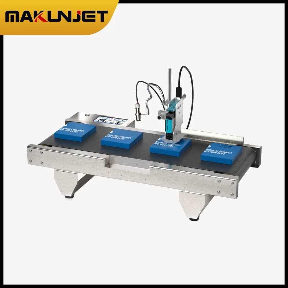 MAKUNJET S3 online thermal inkjet printer with conveyor belt, automatic continuous encoding machine for bar codes, expiration dates and QR codes