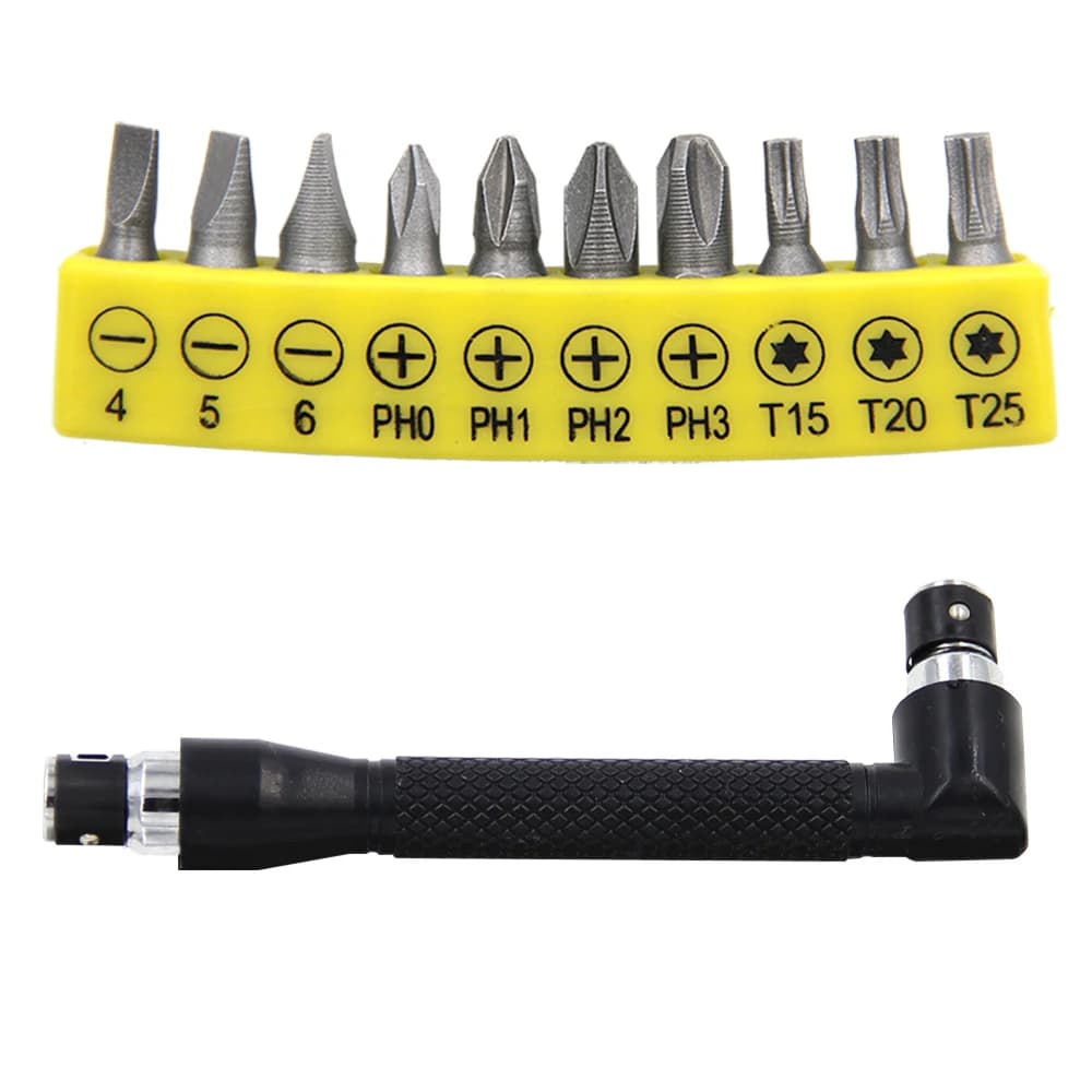 90° L-shaped Double Head Hex Screwdriver Handle 6.35mm 1/4 Inch Wrench with Yellow Tape Bits 10Pcs Tool Set
