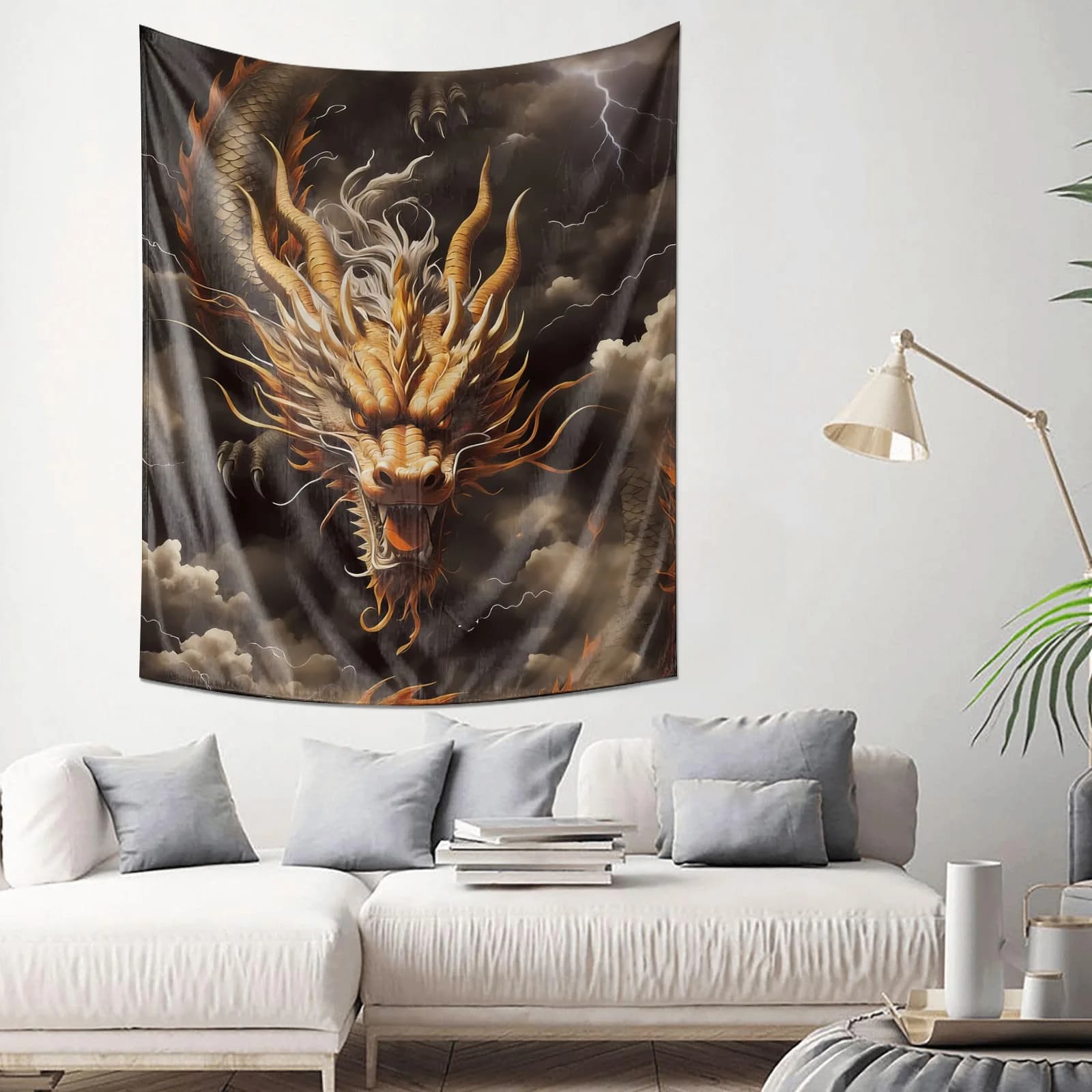 Chinese Dragon Mythical Beast Cloud Thunder Wall Tapestry Machine Washable All Season Decor Print Oriental Fantasy Design Home