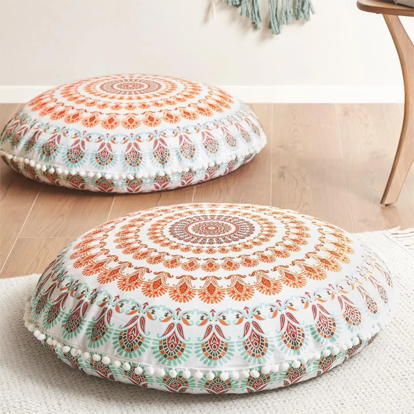 Boho Floor Pillows Set of 2, 32 Inch Large Round Meditation Cushions with Memory Foam for Yoga, Home Office, Dorm Room, Washable