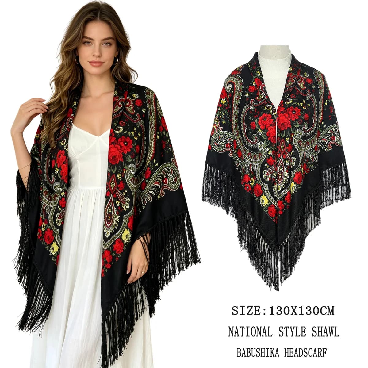 Nuovo Foulard Quadrato Russo da 130 cm per Donna, Sciarpa Calda con Nappe, Stampa Floreale, Protezione Solare, Bandana, Coperta