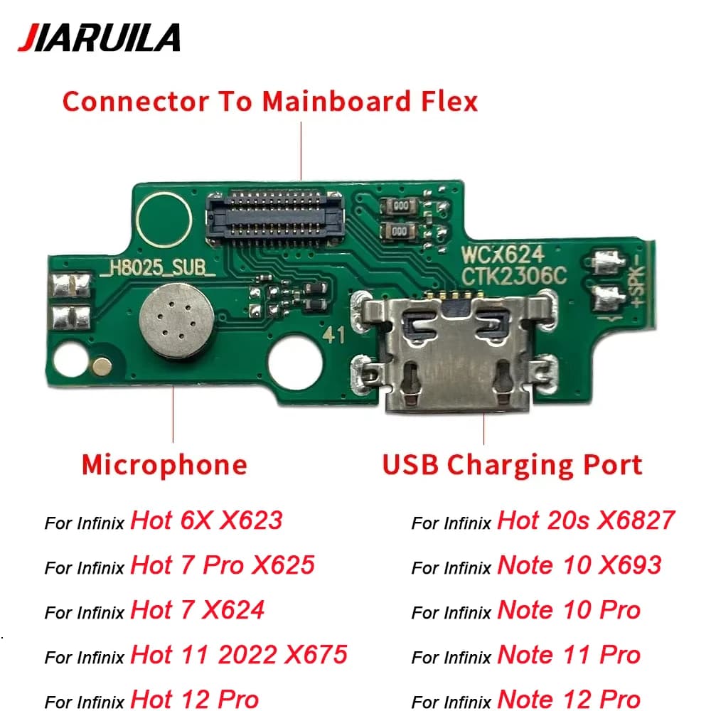 USB Connector for Charging, Jack Door, Flex Card for Infinix Hot 6X 7 Pro 11 12 20S Note 10 11 12 30 Smart 6