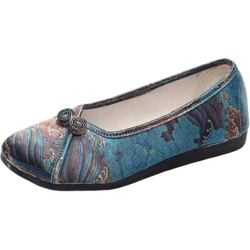 Chinese Style Women Flat sole Cheongsam Shoes Spring Autumn New Soft Sole Round Toe Shallow slip On Silk Print Nude Shoes
