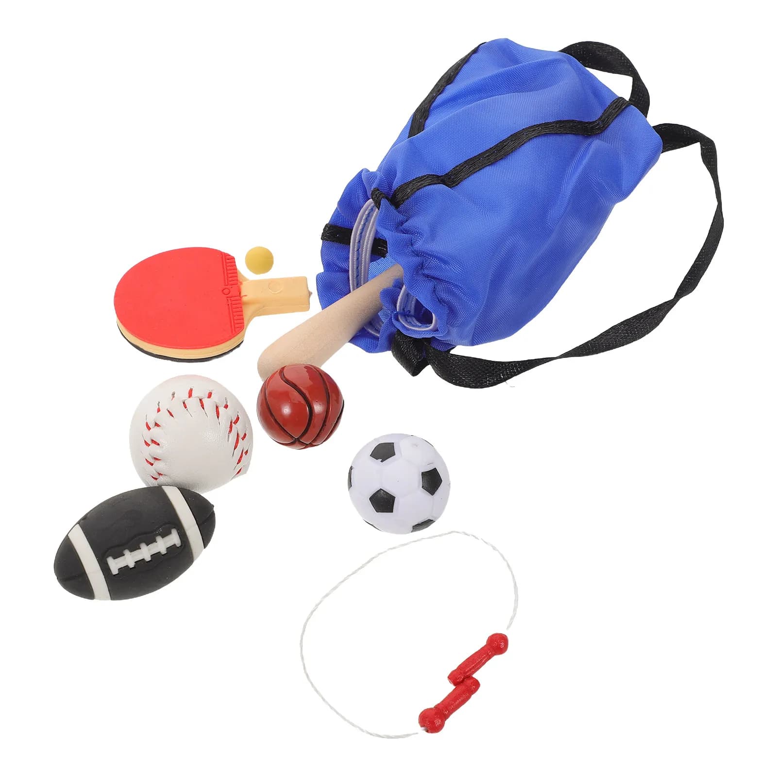 1 set di articoli sportivi in miniatura dal design realistico, portatile, per decorazioni per case delle bambole, oggetti di scena per la fotografia, basket, calcio, corda per saltare