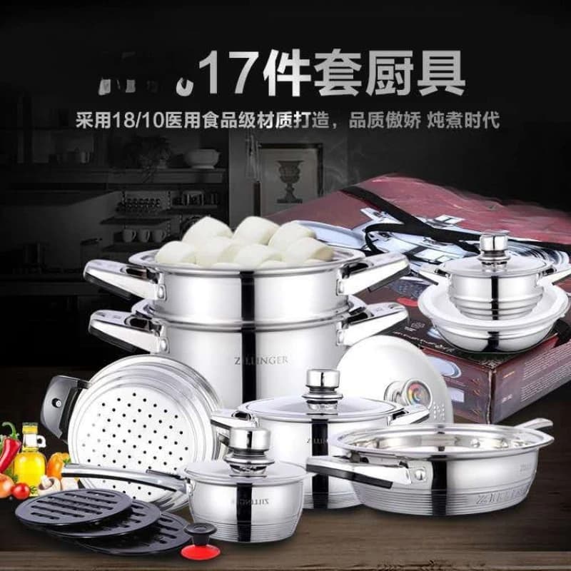 17-Piece Stainless Steel Cookware Set with 9-Ply Bottom for German Market Includes Soup Pot Saucepan Frying Pan Ideal for