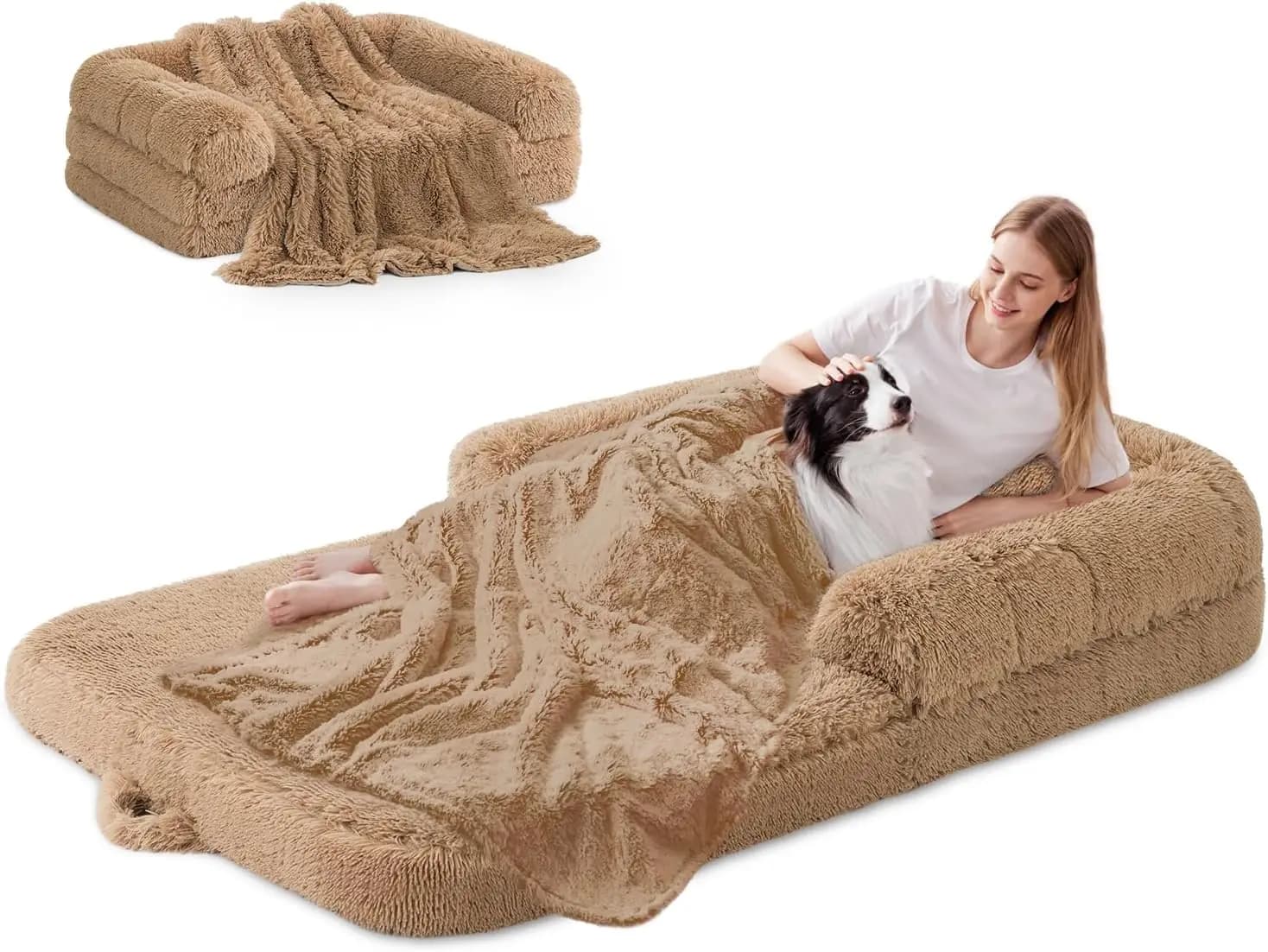 Letto Gigante Pieghevole per Adulti e Animali Domestici, Rivestimento Impermeabile, Coperta in Finta Pelliccia, 180x110x25 cm, Colore Cammello