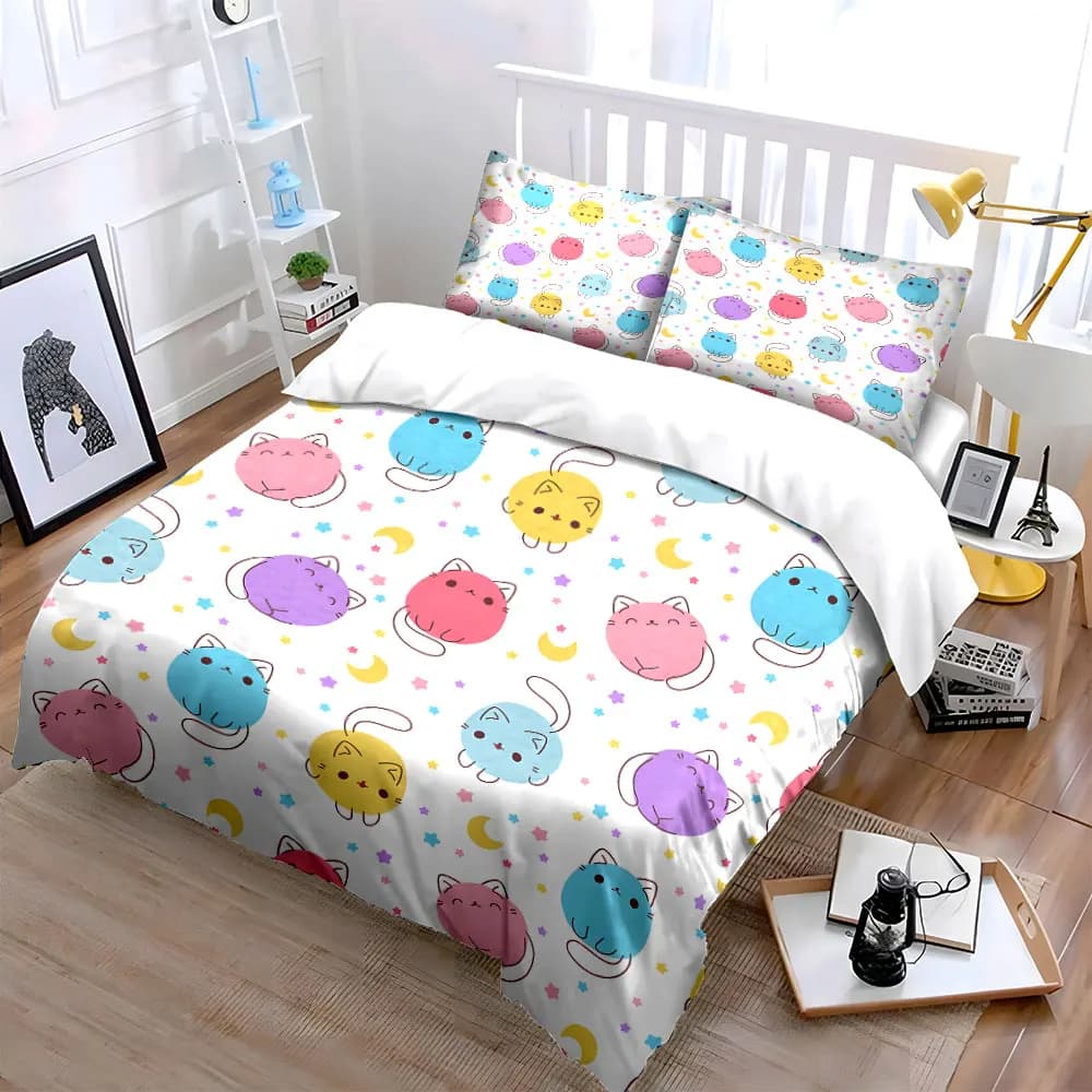 Set di biancheria da letto con motivo gatto carino, decorazione per la casa, con 1 copripiumino e 2 federe, singolo, matrimoniale, king, queen, regalo