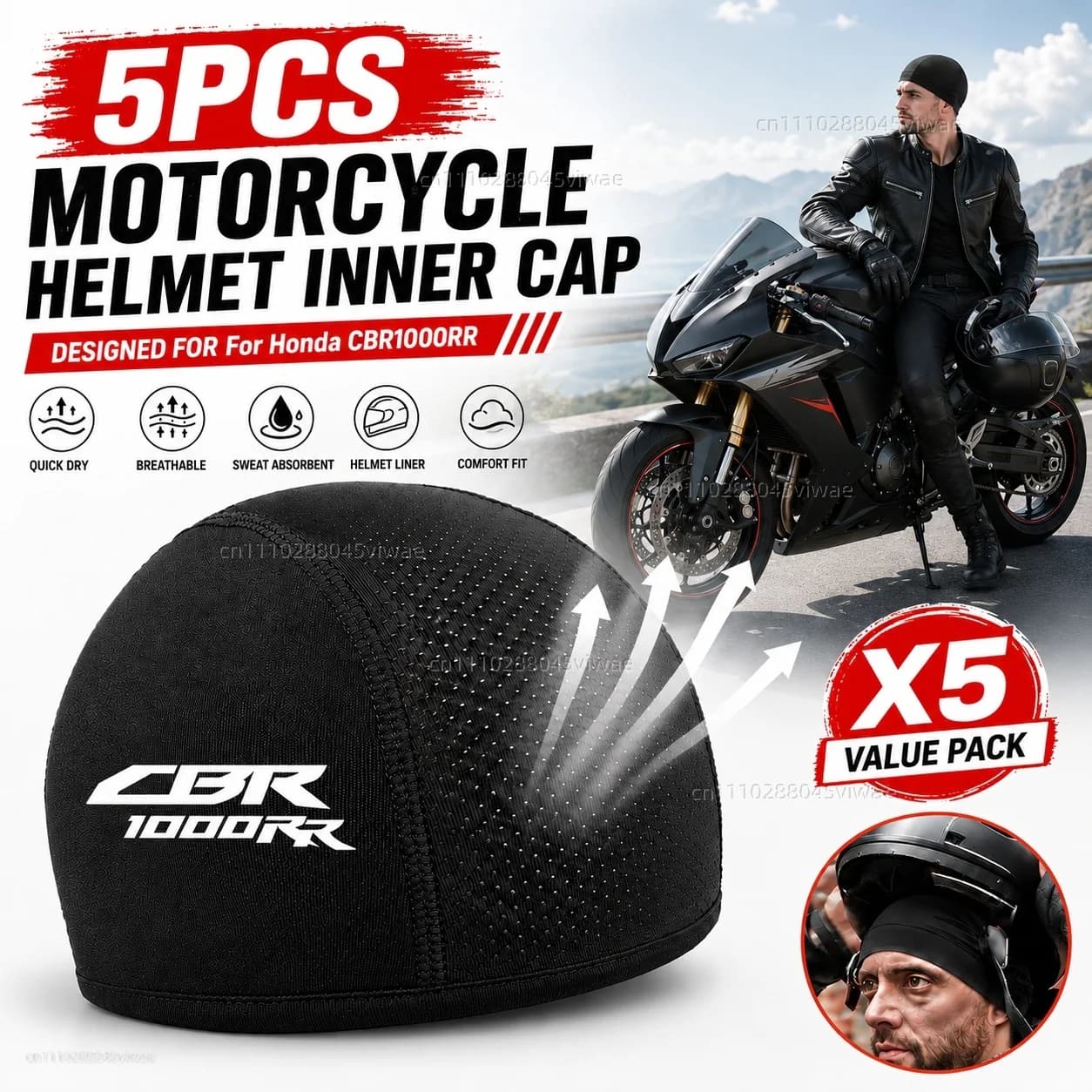 5pcs Motorcycle Helmet Inner Cap Hat Quick Dry Breathable Hat Racing Cap X5 For Honda CBR 1000RR CBR1000RR CBR 1000 RR 2004-2019