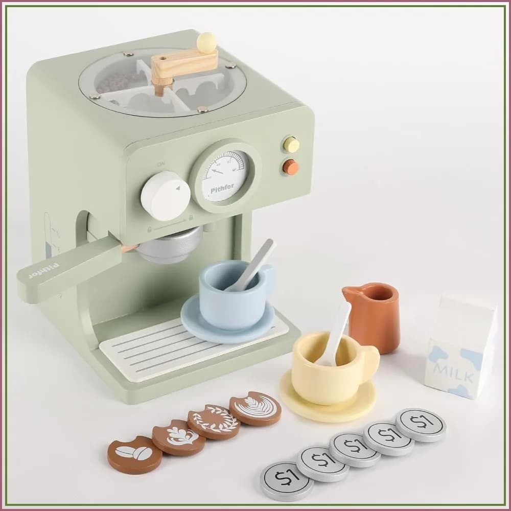Wooden Coffee Maker Toy with Grinder, Pretend Play Kitchen Set for Toddlers